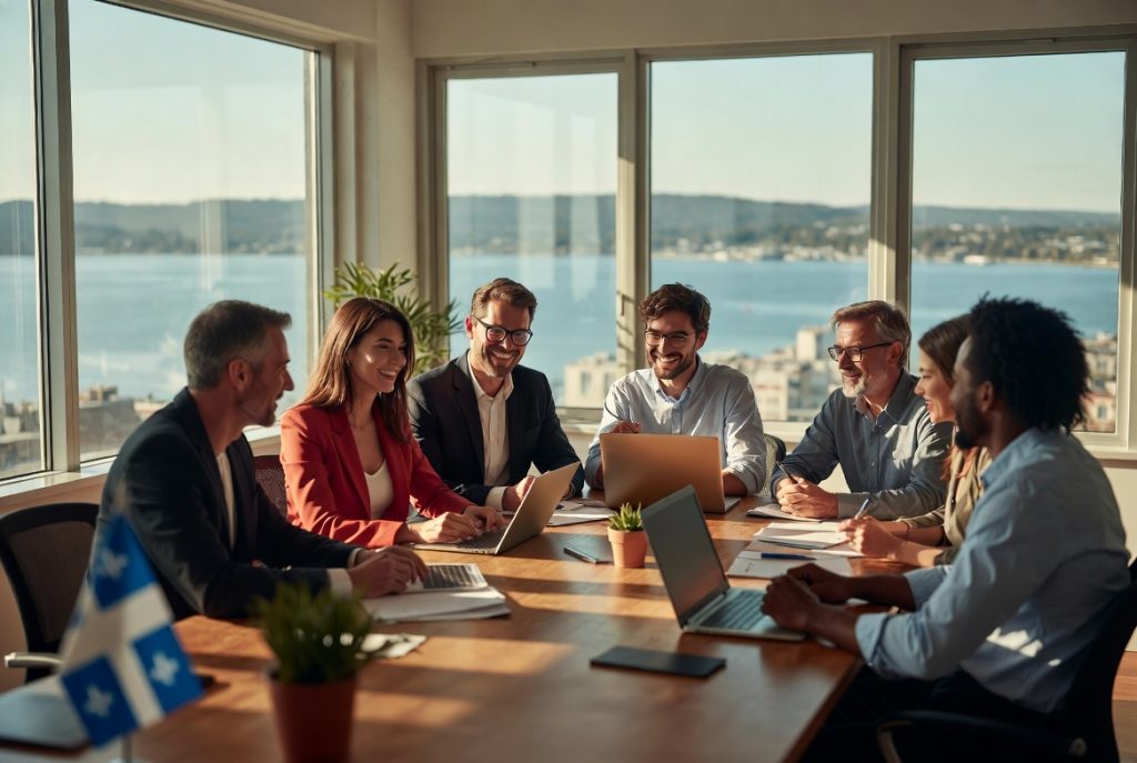 Équipe d’une PME ou OBNL québécoise collaborant dans un bureau moderne à Québec – productivité et travail d’équipe