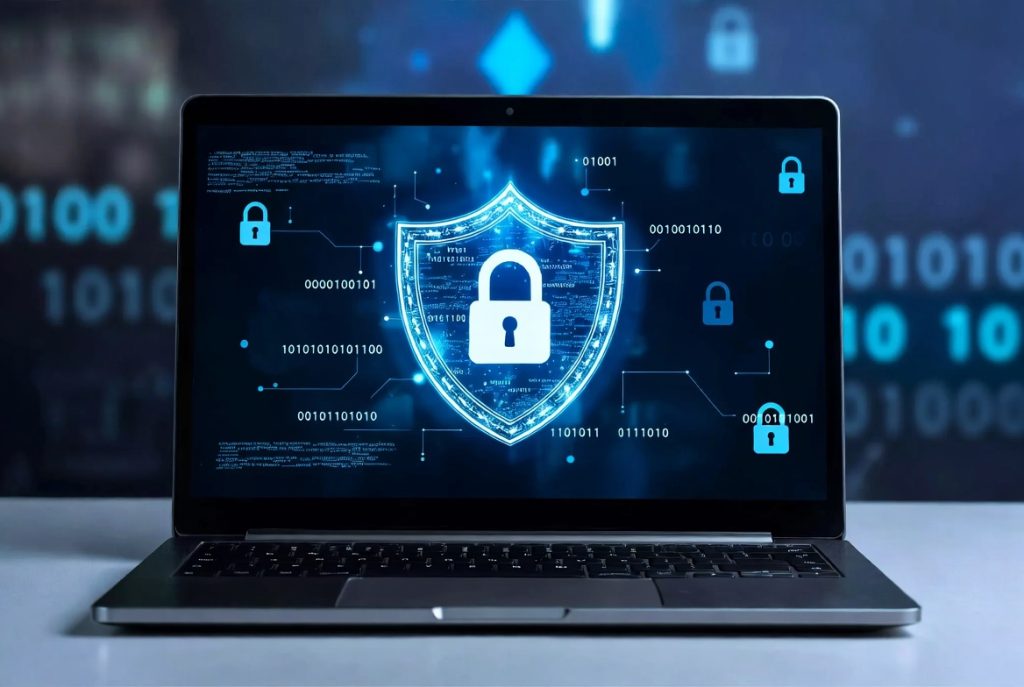 Protection cybersécurité pour PME et OBNL québécoises – bouclier et cadenas numérique sur ordinateur